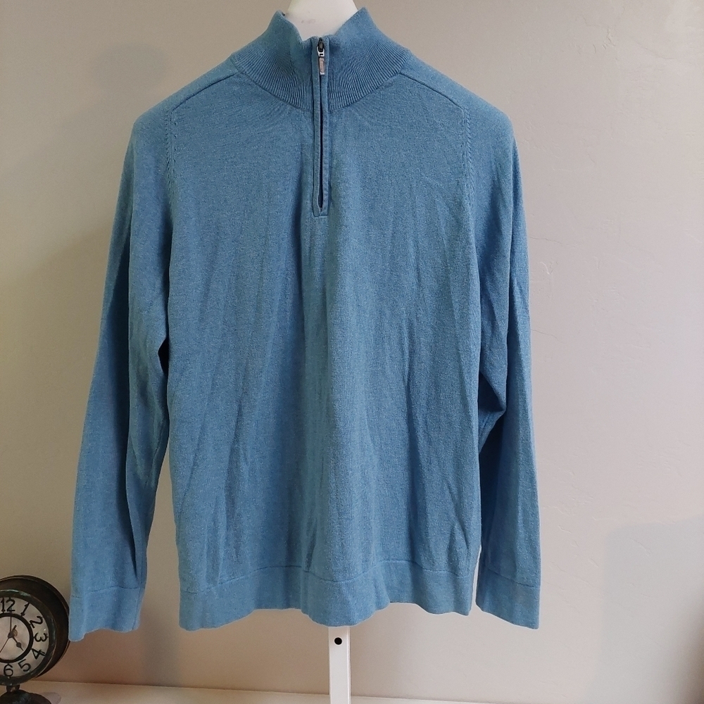 LL Bean Blue Large‎ Reg Shirt Pullover Zip Moc Neck Cotton Cashmere Sweater Soft